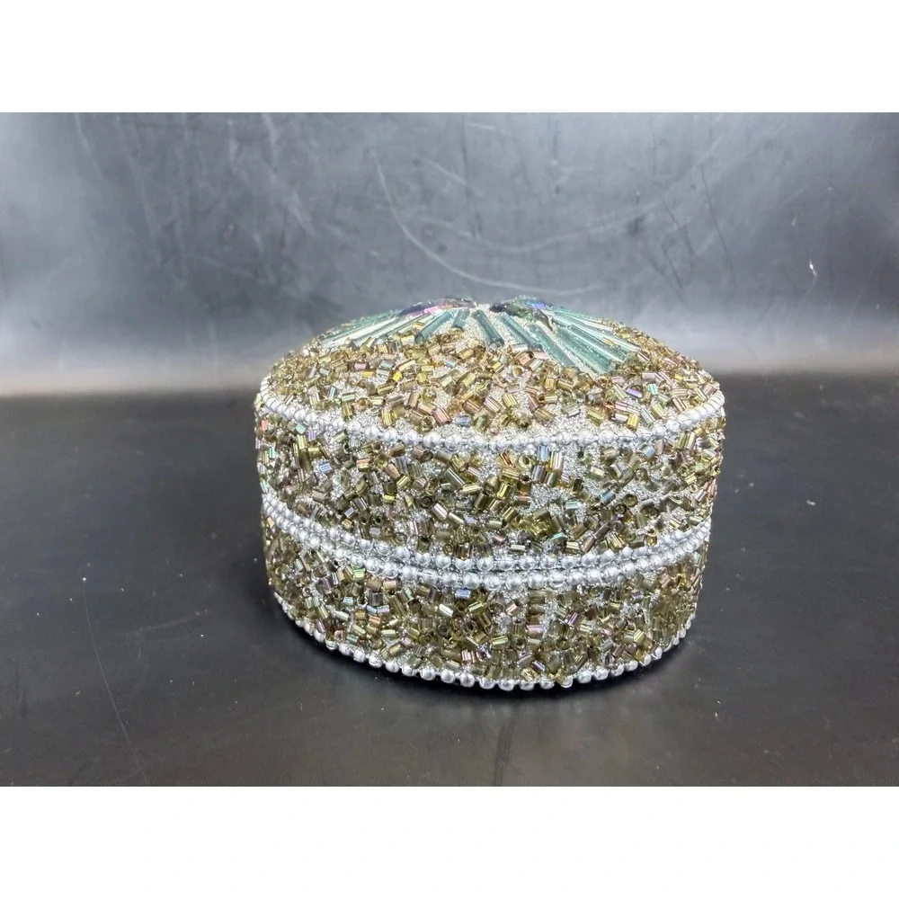 Vintage Style Beaded Round Trinket Box Gold‎ Silver Iridescent Jewelry Case 3